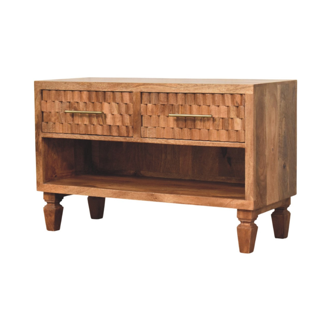 Solid Wood Arno Shoe Storage Unit In Golden Teak, 2 Drawers And Open Shelf, Beige