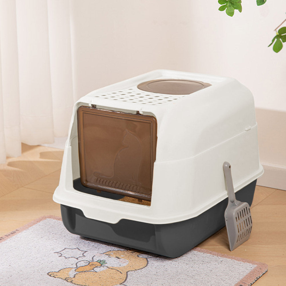 Large Hooded Top Entry Cat Litter Box With Scoop | Black