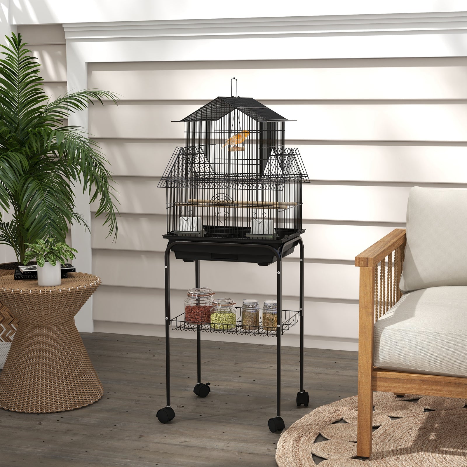 Metal Bird Cage W/ Perch, Food Container, Handle, For Finch, Canary