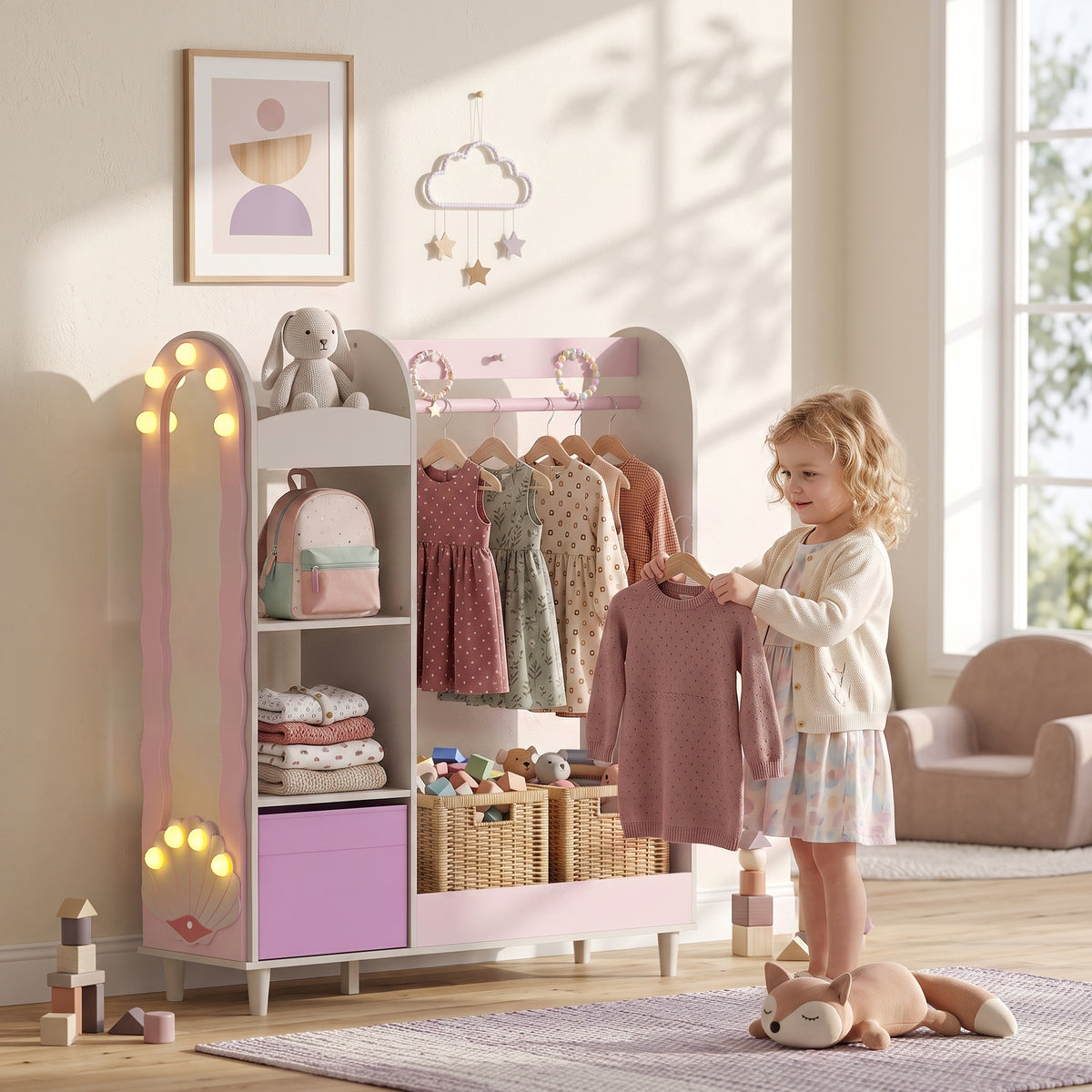 AIYAPLAY Kids Clothing Rack With Lights Mirror, Non-woven Drawer For Age 3-8