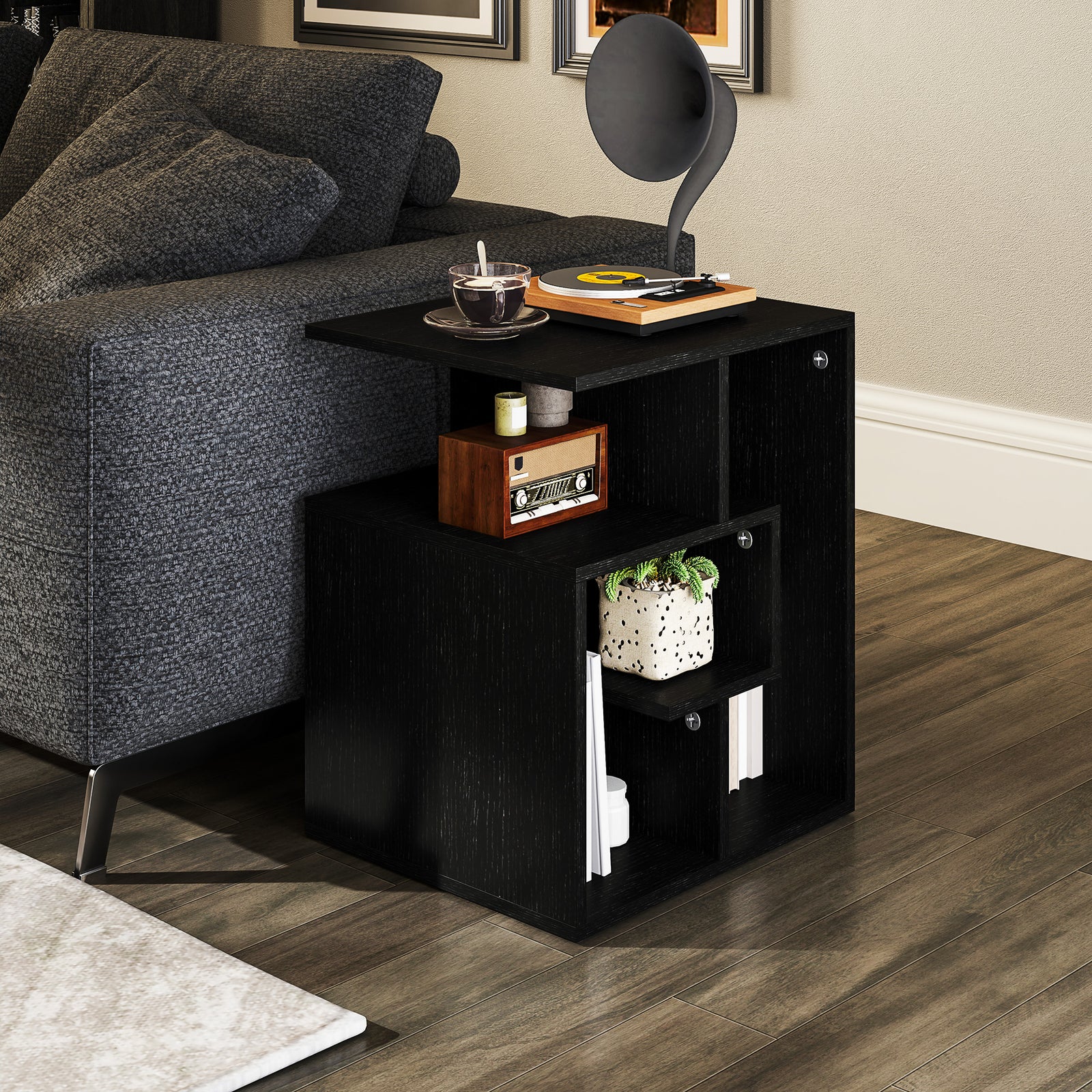 HOMCOM 3-tier Side End Table Open Shelves Storage Magazine Desk Black