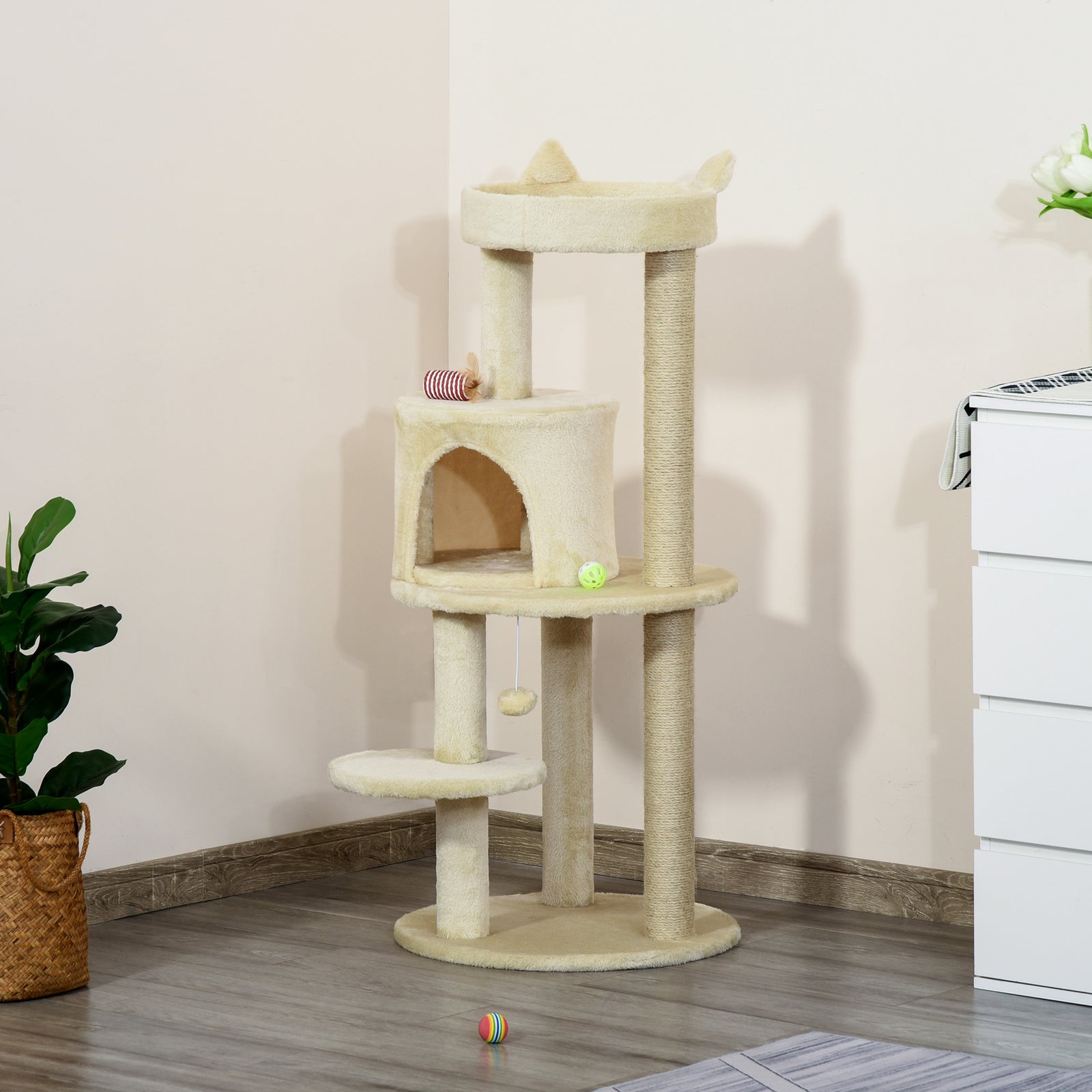 4 Tiers 104cm Cat Tree W/ Scratching Posts Perches  Hanging Ball | Beige