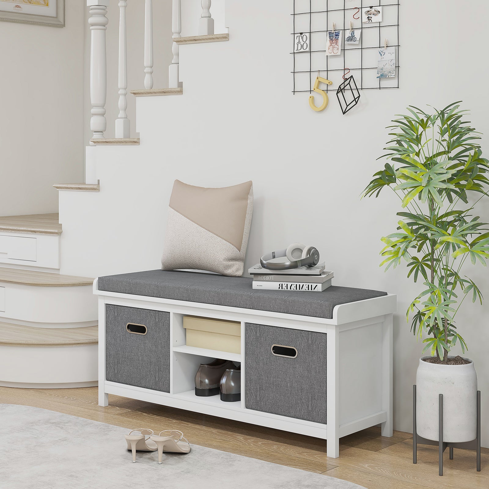 Shoe Bench With Cushioned Seat Fabric Drawers For Entryway