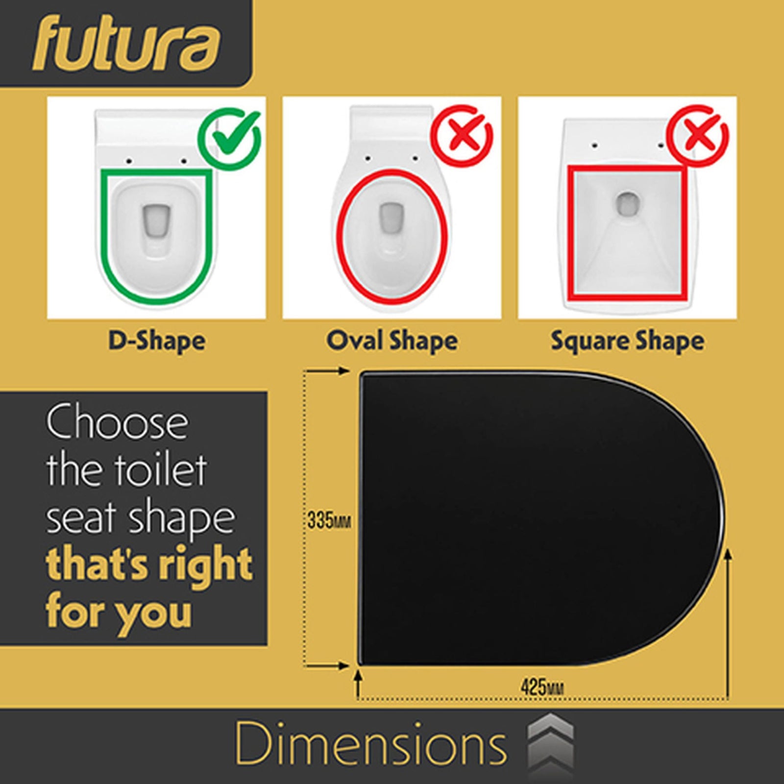 Toilet Seat Soft Close D Shape, Premium Thermoplastic, Quick Release, Top & Bottom Fixings | Black
