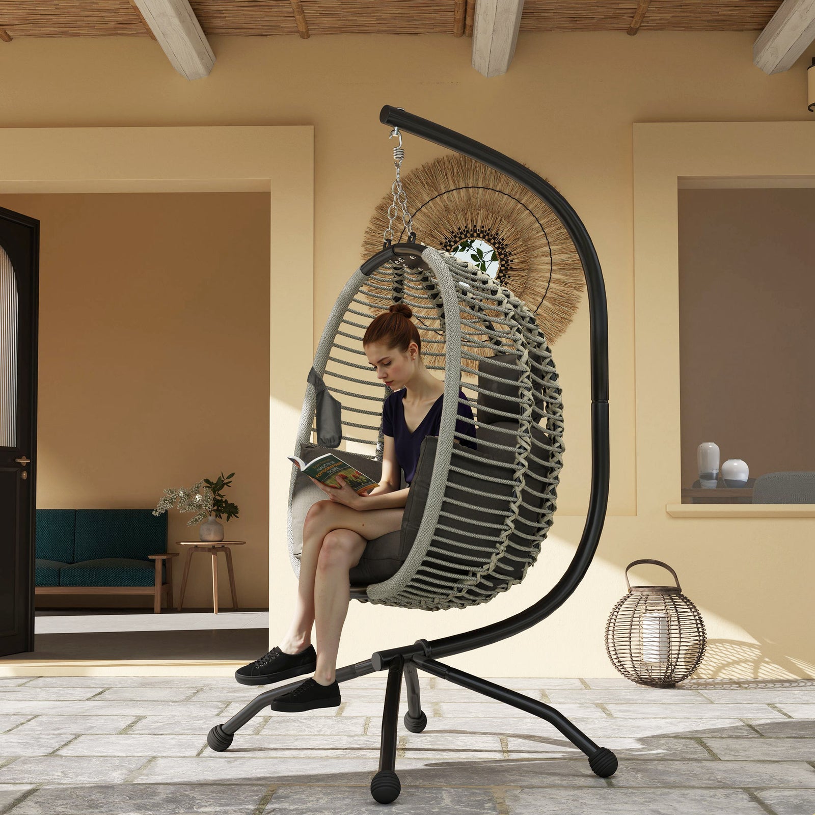 Hanging Swing Chair W/ Thick Cushion, Rope Hanging Chair