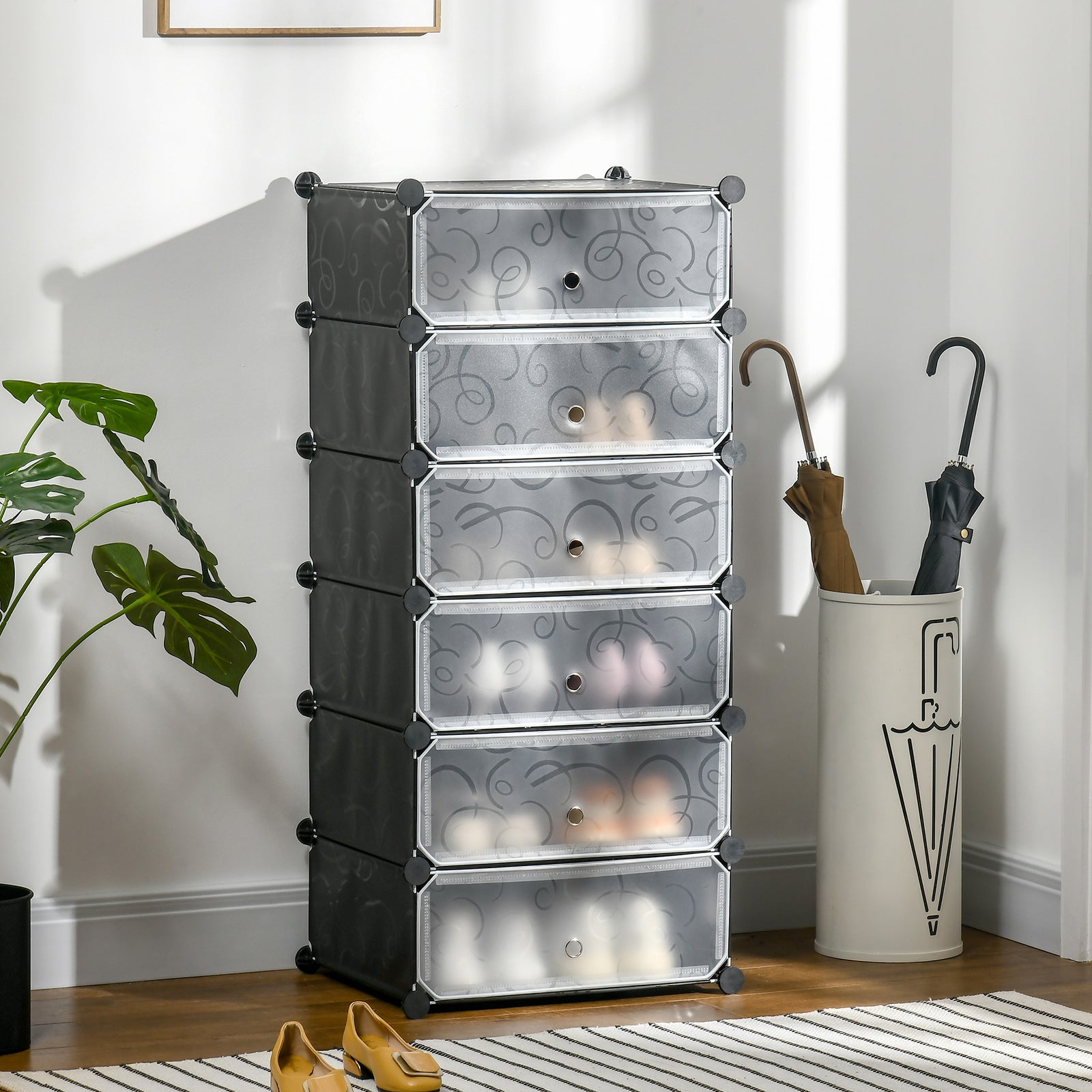 6 Tier Shoe Rack Plastic Storage Cabinet Modular Shoe Tower | One Size | Black