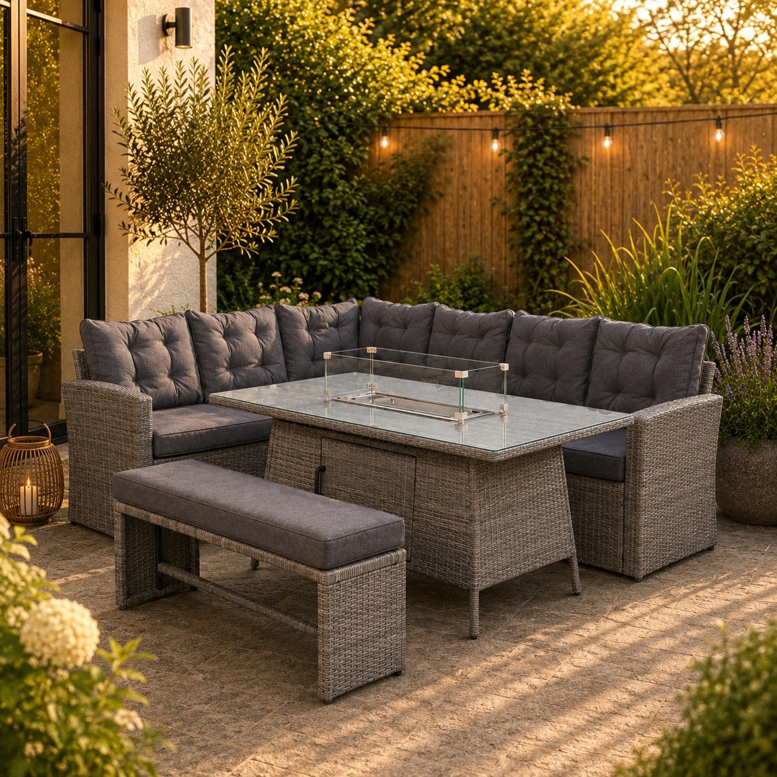 Piana 9 Seat Rattan Corner Sofa With Firepit Table And Bench | Grey