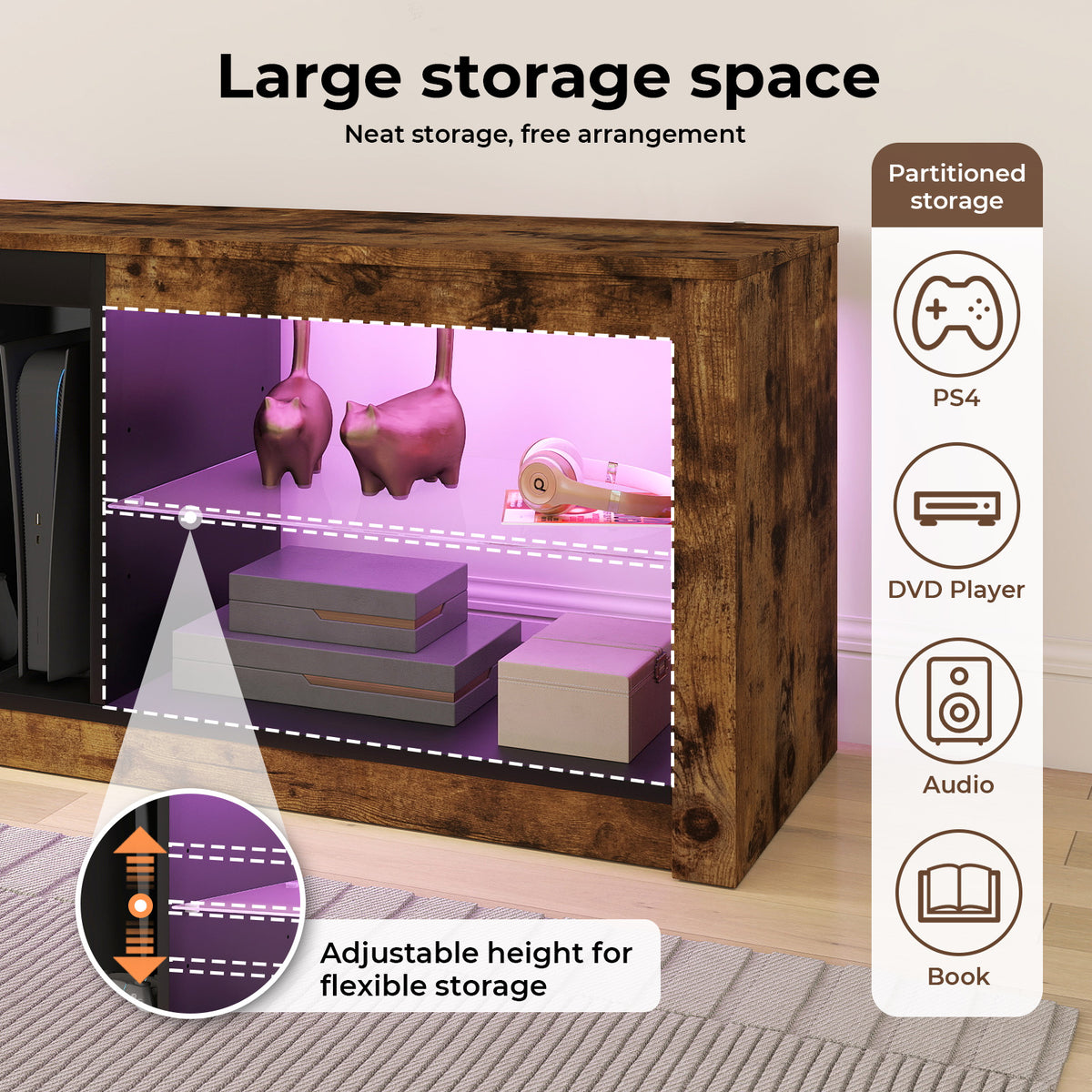 Tv Unit Cabinet Stand Led Storage Height Adjustable Living Room Wood Rgb | Brown