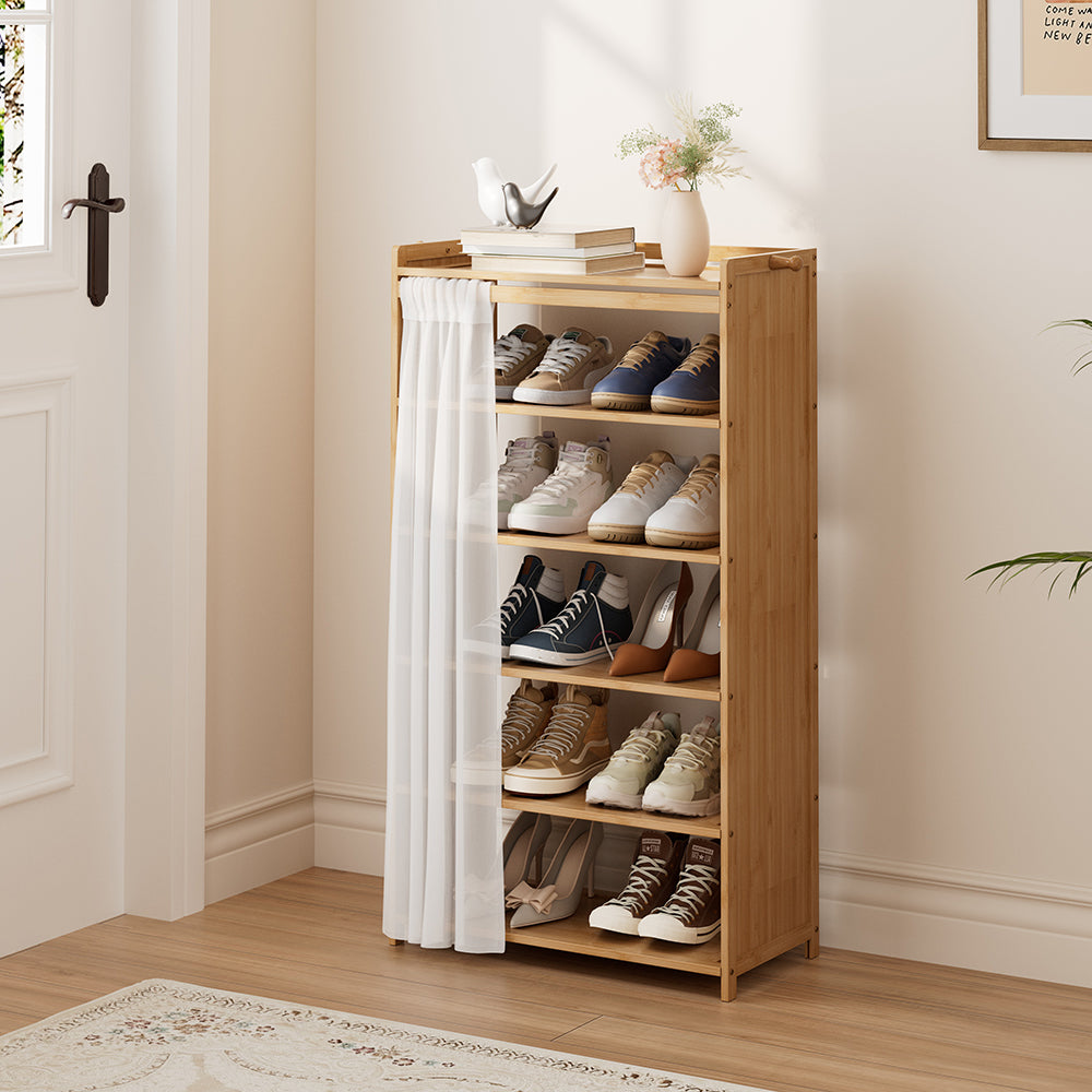 Bamboo Shoe Cabinet With Curtain 5/6-layer Entryway Shoe Rack Storage Organizer | Large