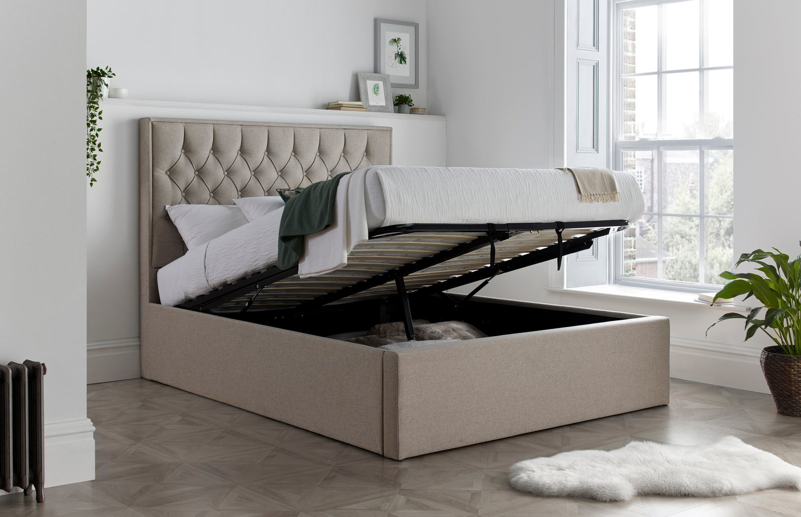 Wilson Fabric Ottoman Bed | Double | Beige