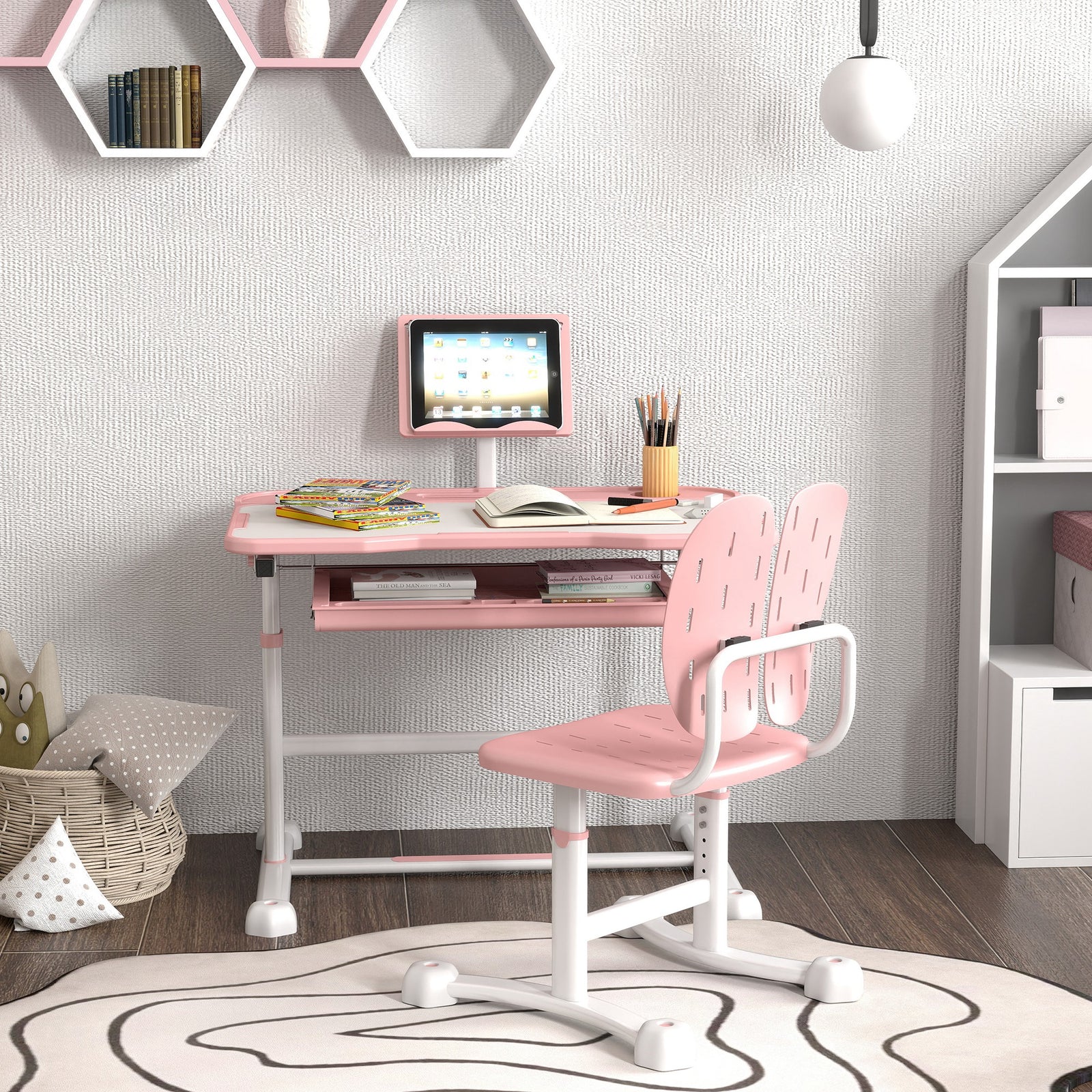 Height Adjustable Kids Desk And Chair Set W/ Tilted Desktop | Pink