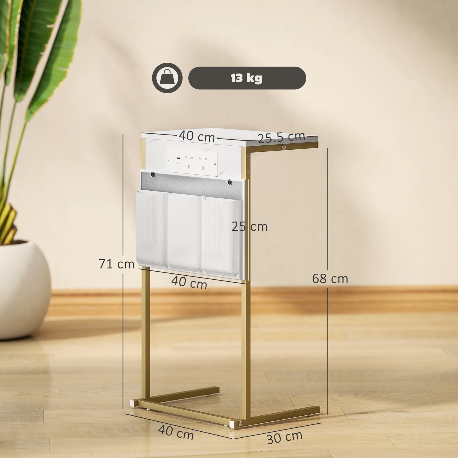 HOMCOM C-shaped Side Table With Charging Station, Modern Bedside Table