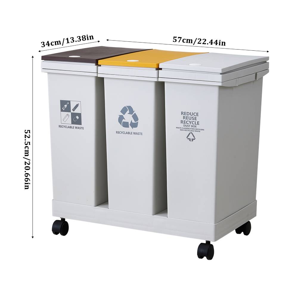 36l/60l 3-compartment Trash Can With Lids And Wheels Dry And Wet Waste Separation Rolling Kitchen Recycling Bin | Large