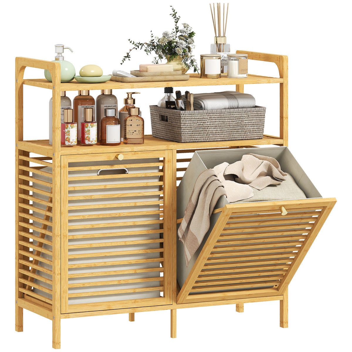 HOMCOM Double Tilt Out Laundry Cabinet Bamboo Laundry Hamper Cabinet