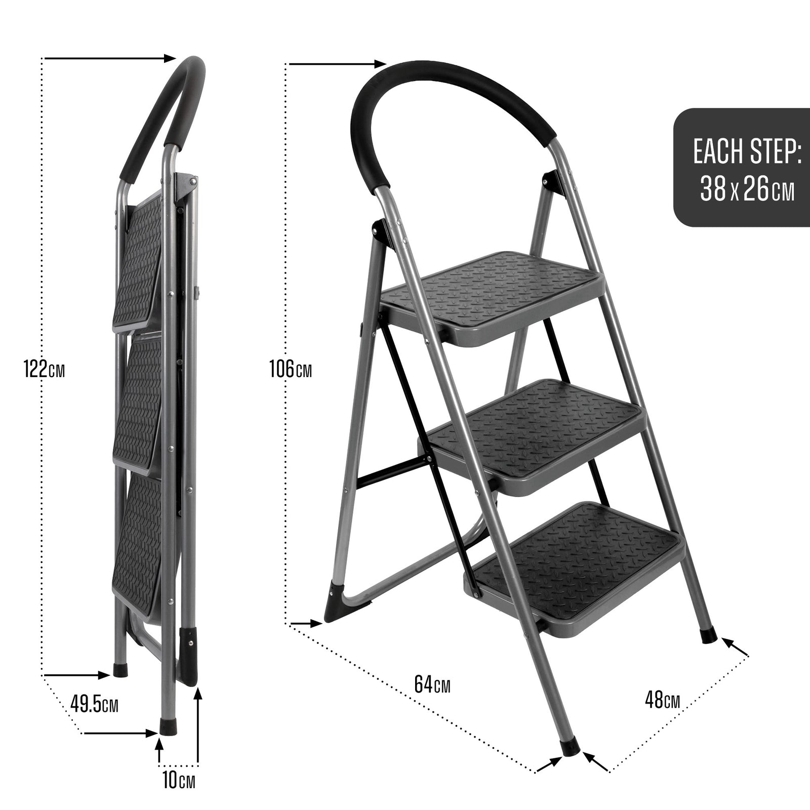 Step Ladder Premium Heavy-duty Steel Folding Step Stool 150kg Capacity | 3 Step | Grey