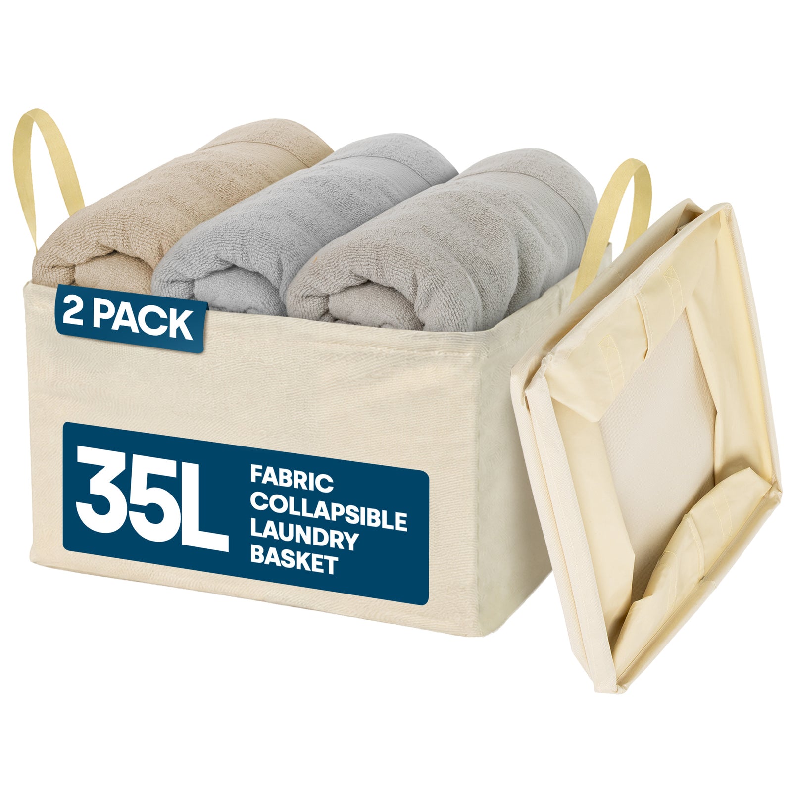 Collapsible Laundry Bags 2 Pack 35l Fabric Storage Baskets With Handles | Beige