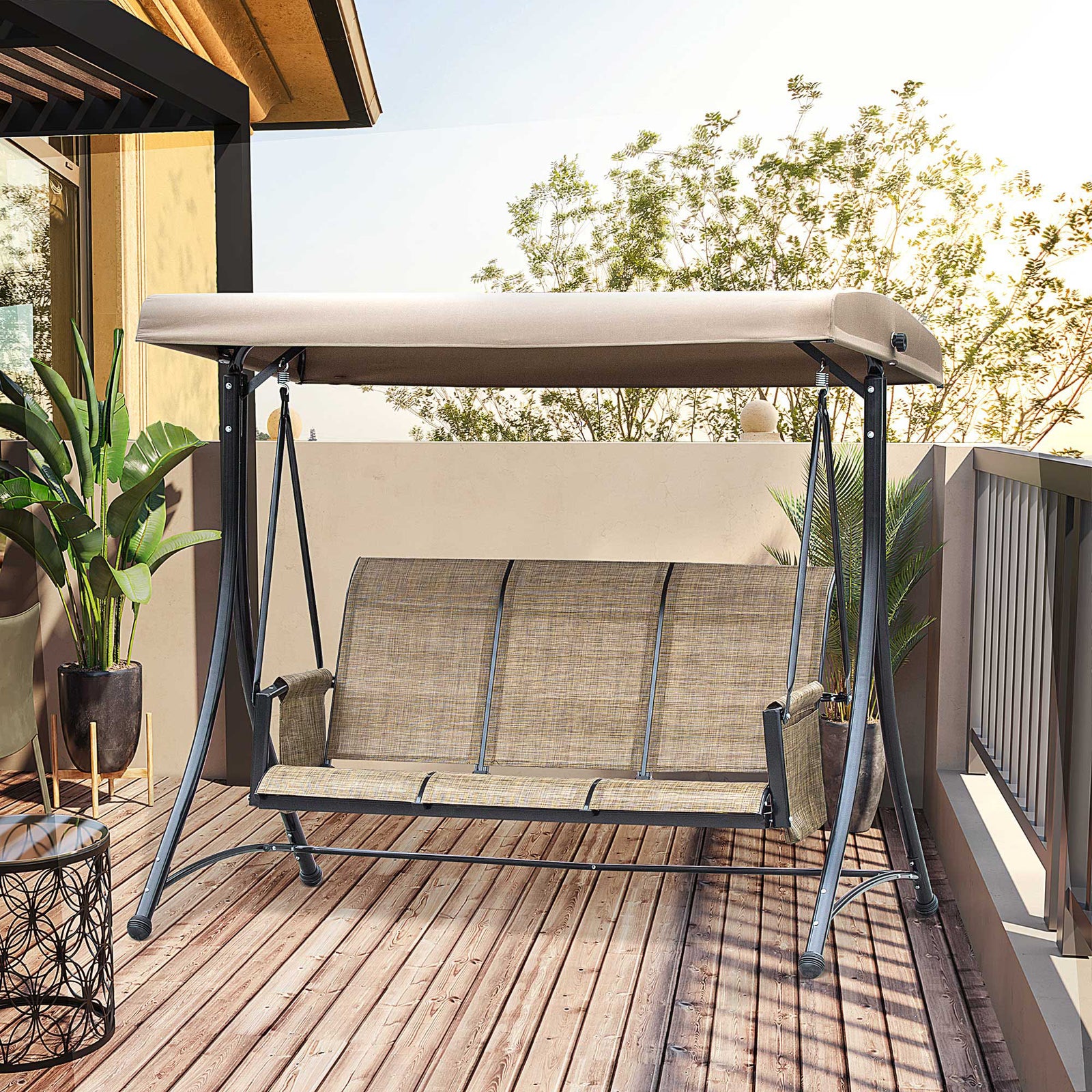 3 Seat Metal Fabric Backyard Balcony Patio Swing Chair | Brown