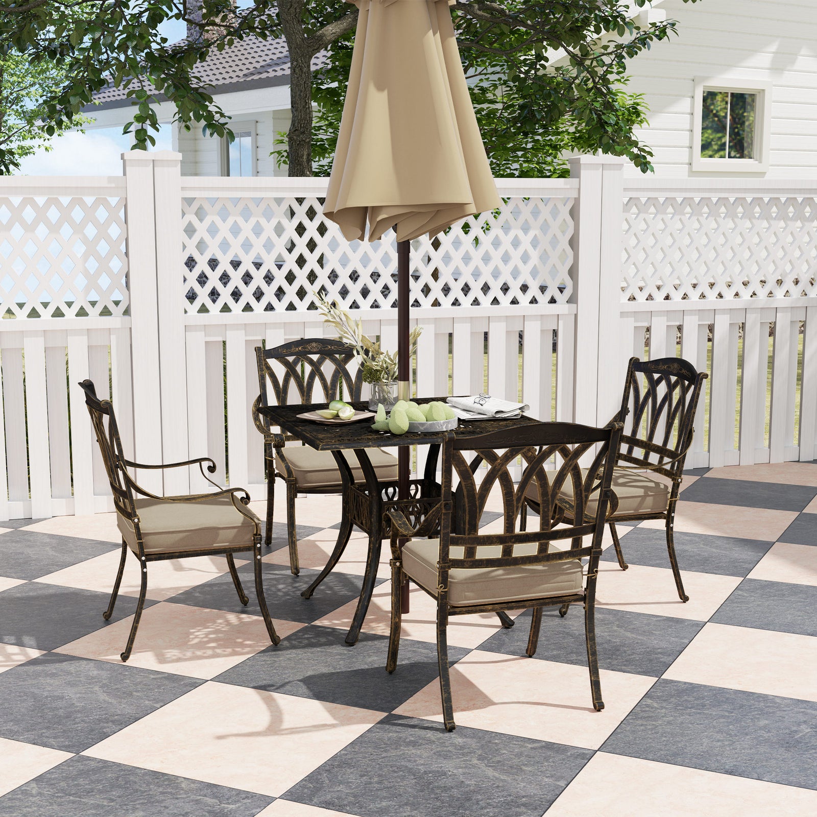 5 Pieces Cast Aluminium Garden Dining Set W/ Parasol Hole