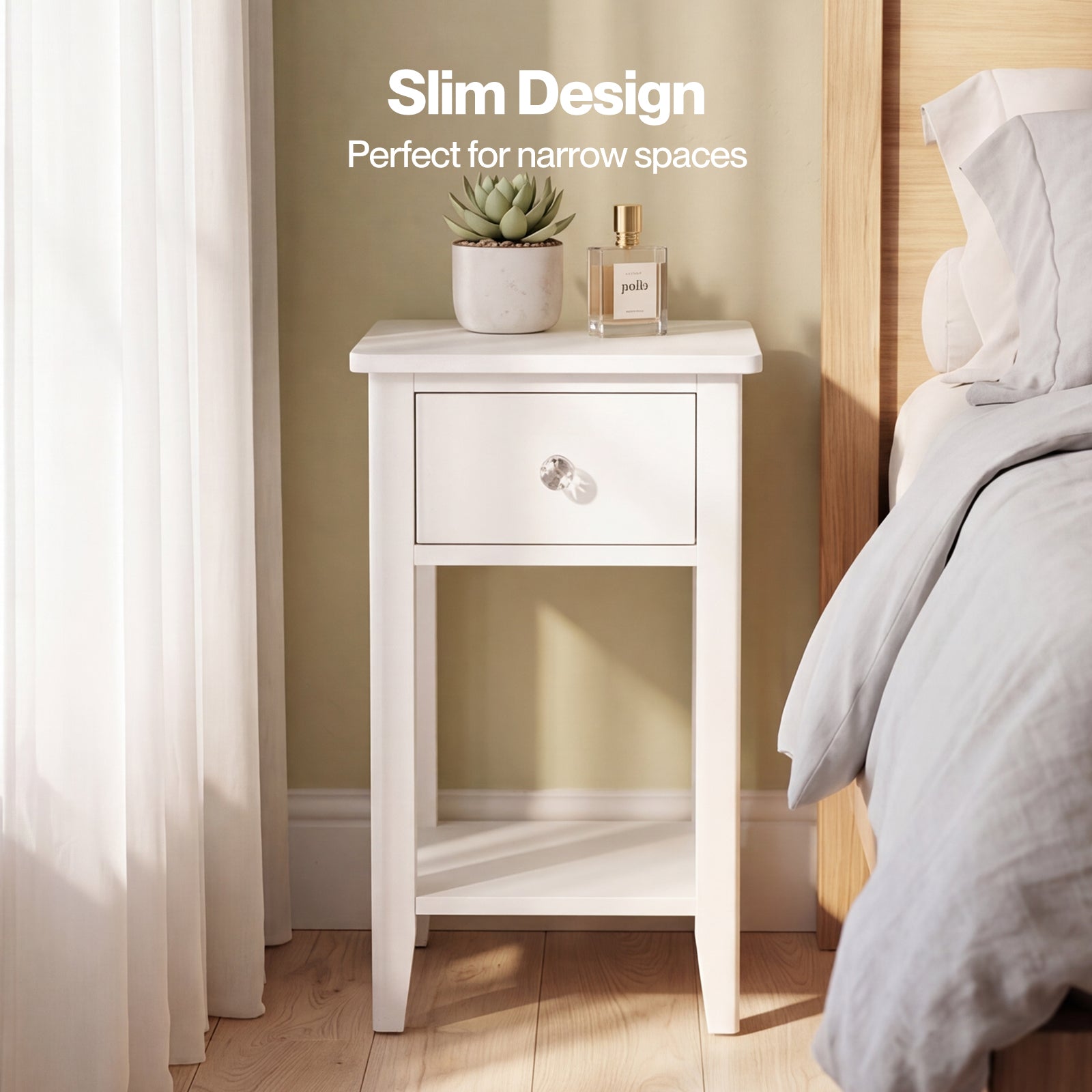 Levede Bedside Table Narrow Modern End Table Drawer & Shelf Bedroom White