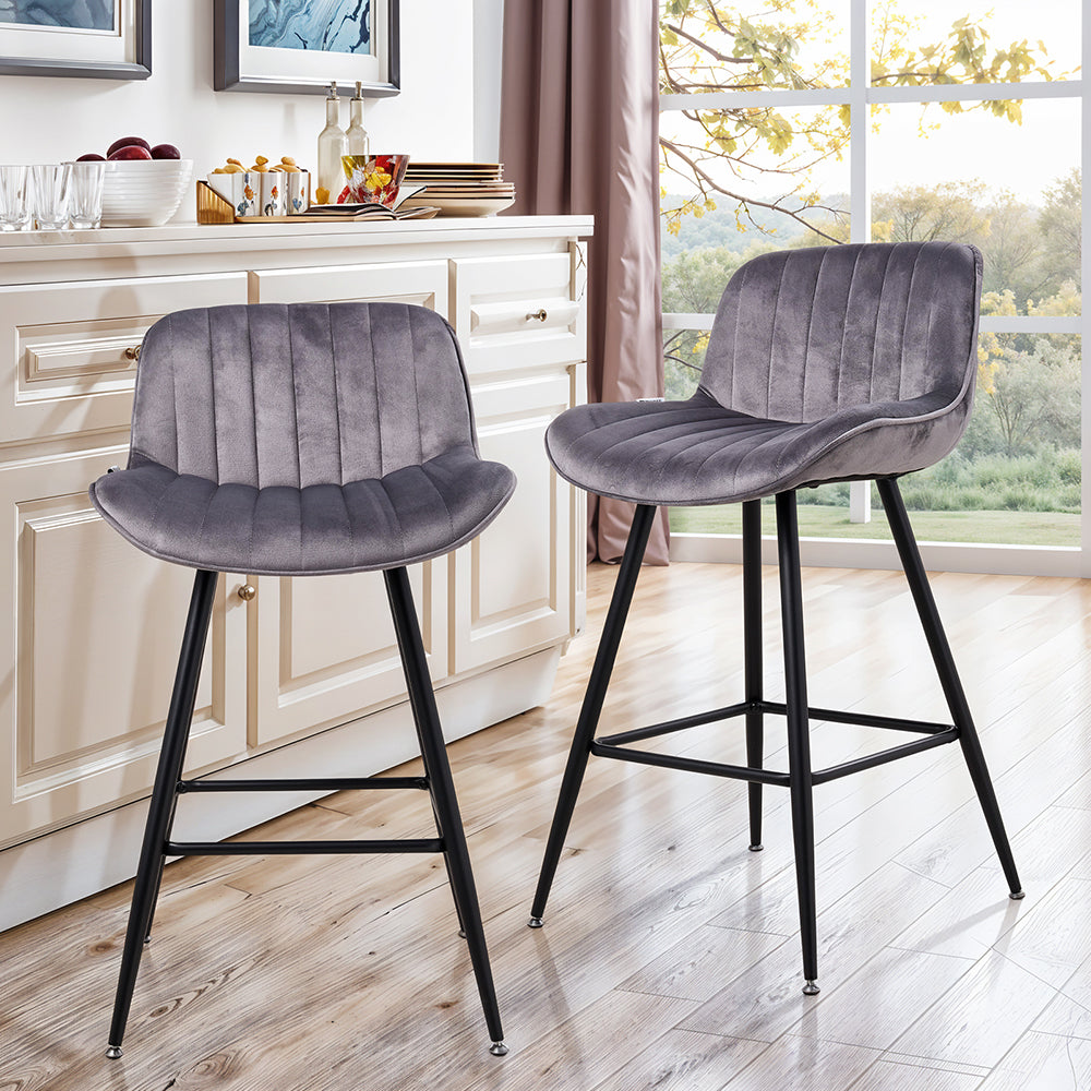 Set Of 2 Modern Flannel Bar Stools With Backrest – Soft Padded Seat, Metal Legs | Grey