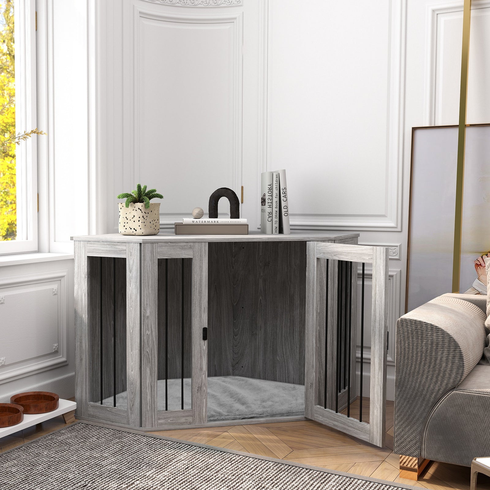 Dog Crate W/ Cushion, Door - Large Dogs | Gray