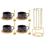 Set Of 4 Ceramic Coffee Cups With Saucers, Spoons & Metal Stand | Black