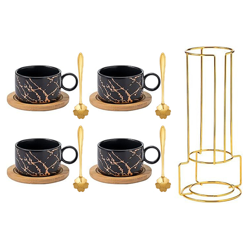 Set Of 4 Ceramic Coffee Cups With Saucers, Spoons & Metal Stand | Black