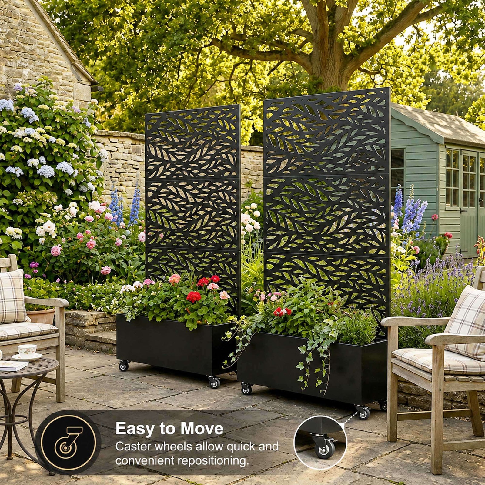 Metal Privacy Screen With Plant Pot - Leaf | Black