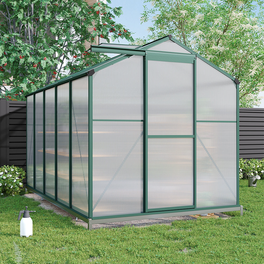 Polycarbonate Greenhouse With Base – Aluminum Frame Walk-in Greenhouse With Sliding Door & 2 Ventilation Window For Plants & Flowers | 10 x 6ft | Green